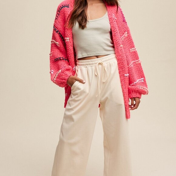 Hot Pink Chunky Hand Crochet Boho Front Pocket Cardigan - Picture 3 of 4